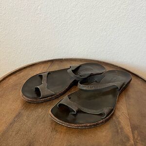 Cydwoq Brown Leather Bare-C Flat Toe-Strap Sandals Women's Size 36.5 US 6.5